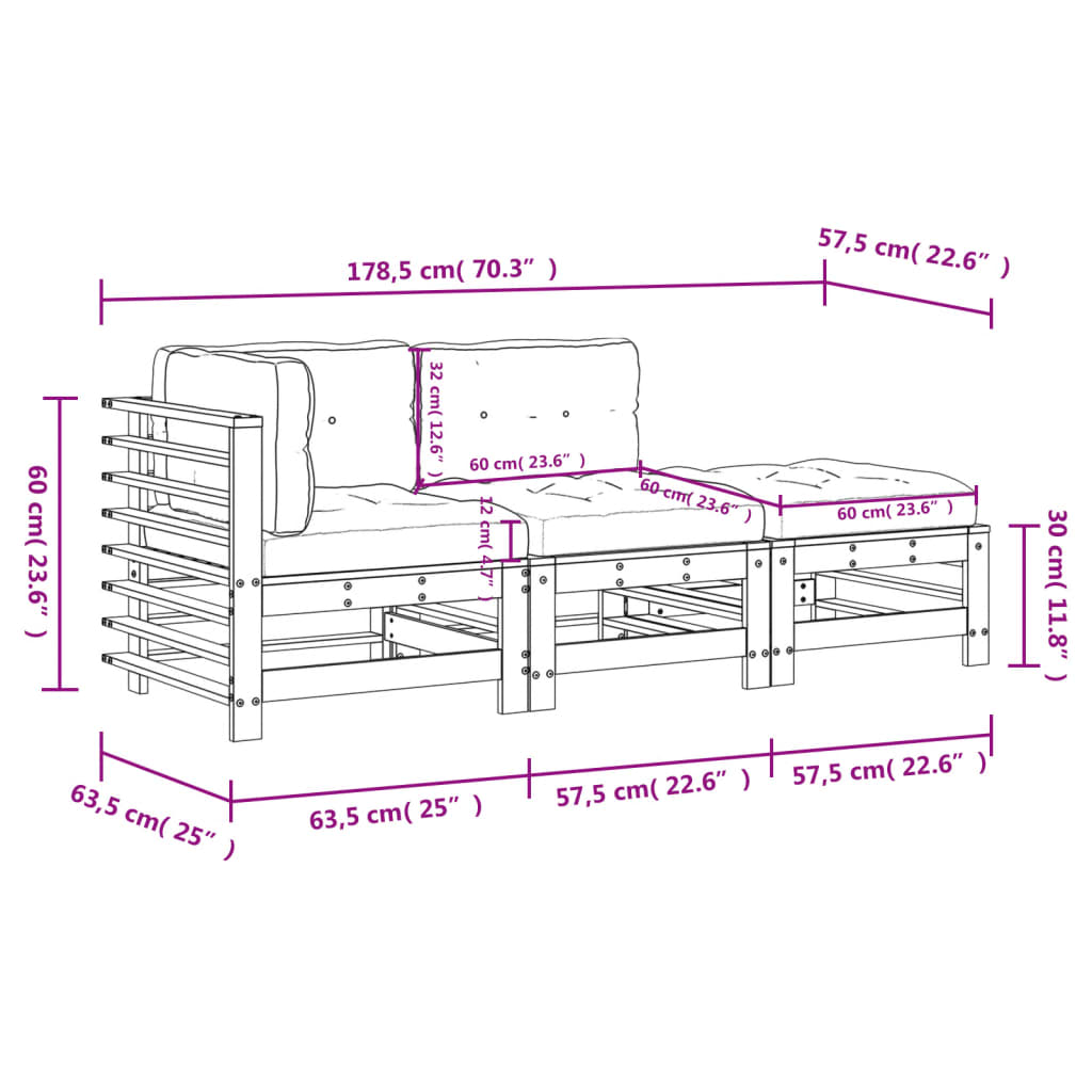 3-tlg. Garten-Lounge-Set mit Kissen Honigbraun Massivholz