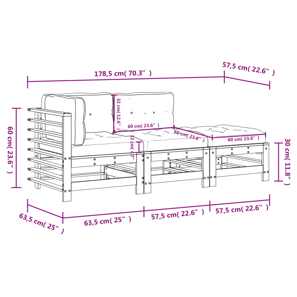 3-tlg. Garten-Lounge-Set mit Kissen Massivholz Douglasie