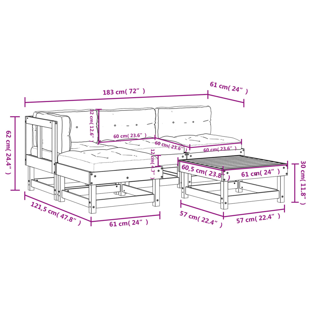 5-tlg. Garten-Lounge-Set mit Kissen Weiß Massivholz