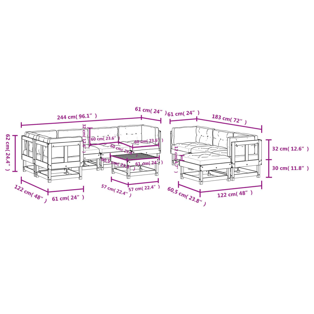 10-tlg. Garten-Lounge-Set mit Kissen Weiß Massivholz