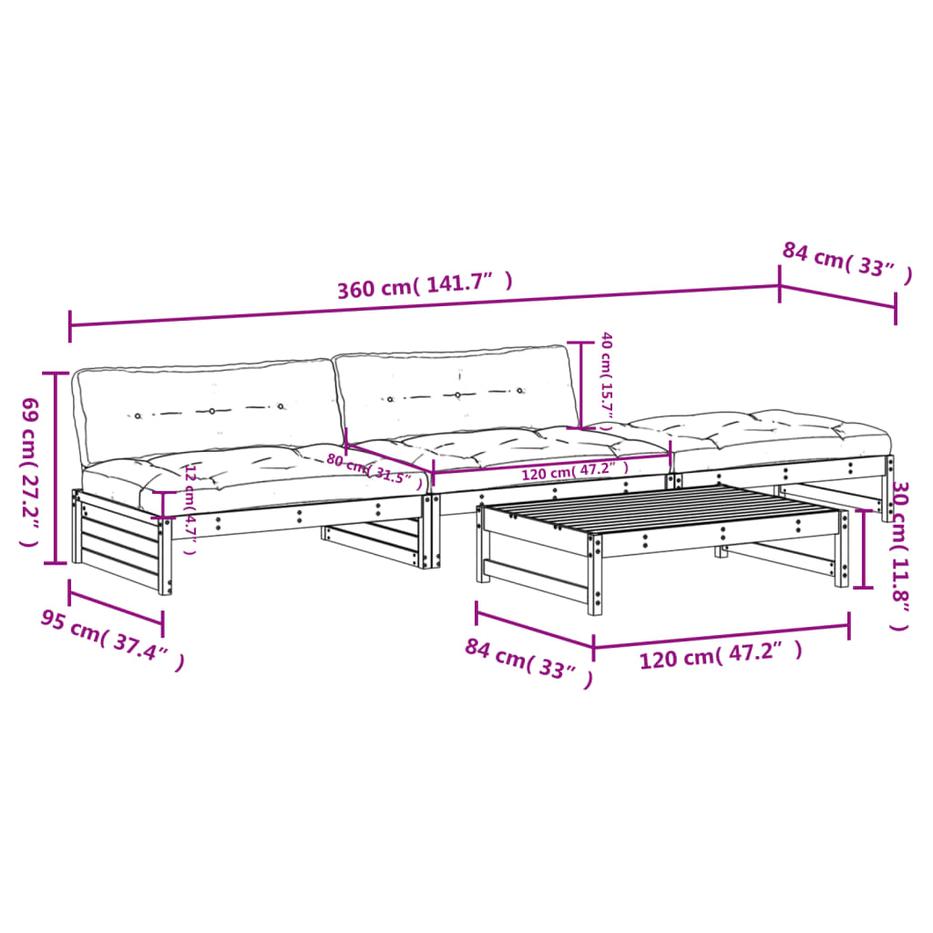 4-tlg. Garten-Lounge-Set mit Kissen Weiß Massivholz