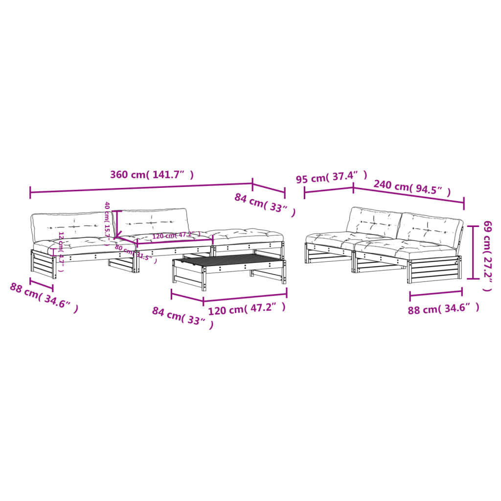 6-tlg. Garten-Lounge-Set mit Kissen Weiß Massivholz