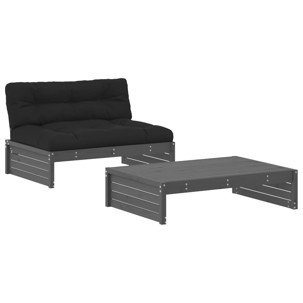 2-tlg. Garten-Lounge-Set mit Kissen Grau Massivholz