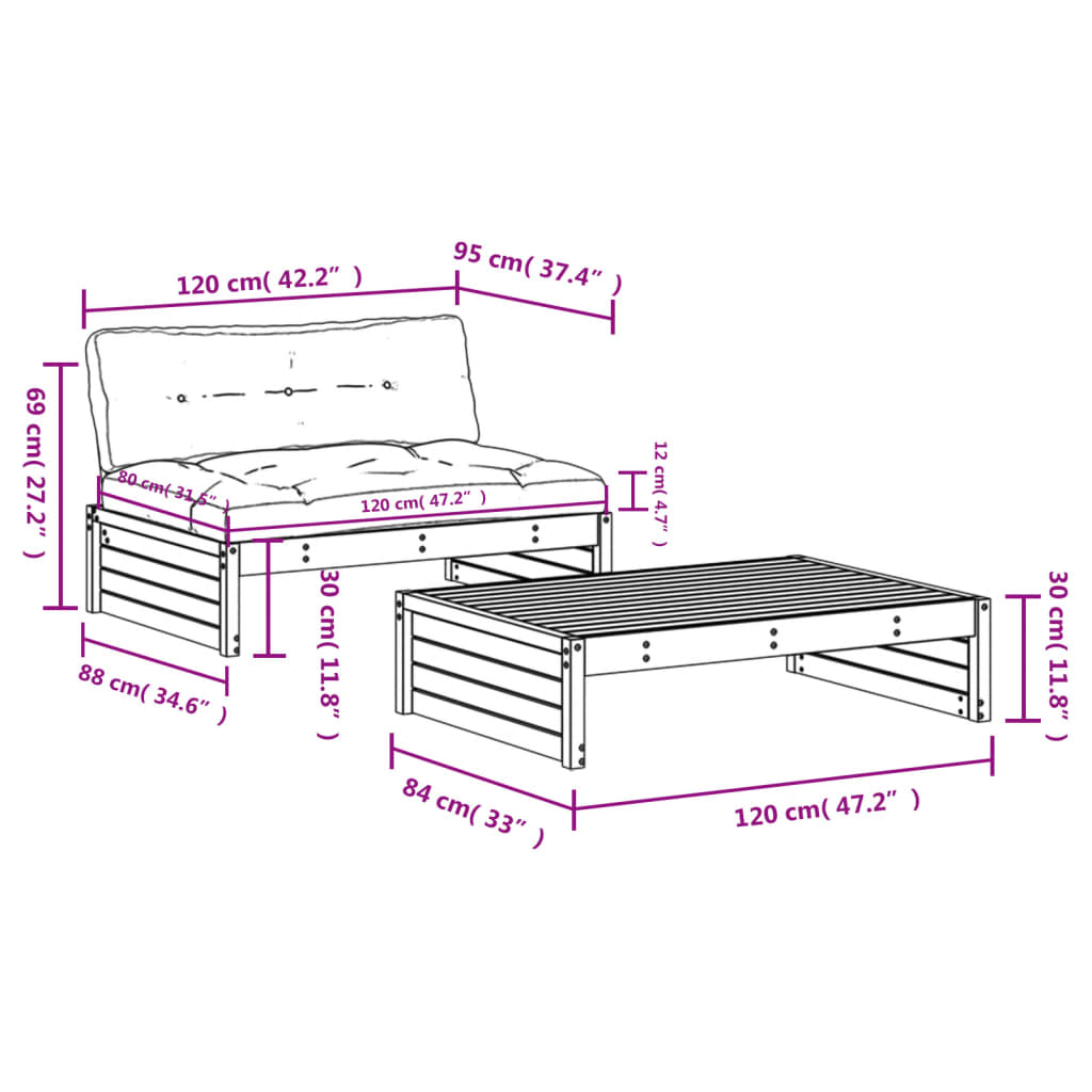 2-tlg. Garten-Lounge-Set mit Kissen Honigbraun Massivholz