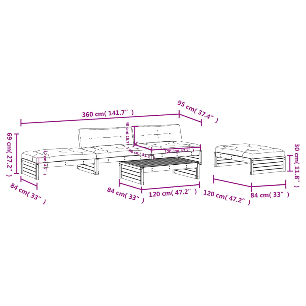 5-tlg. Garten-Lounge-Set mit Kissen Weiß Massivholz