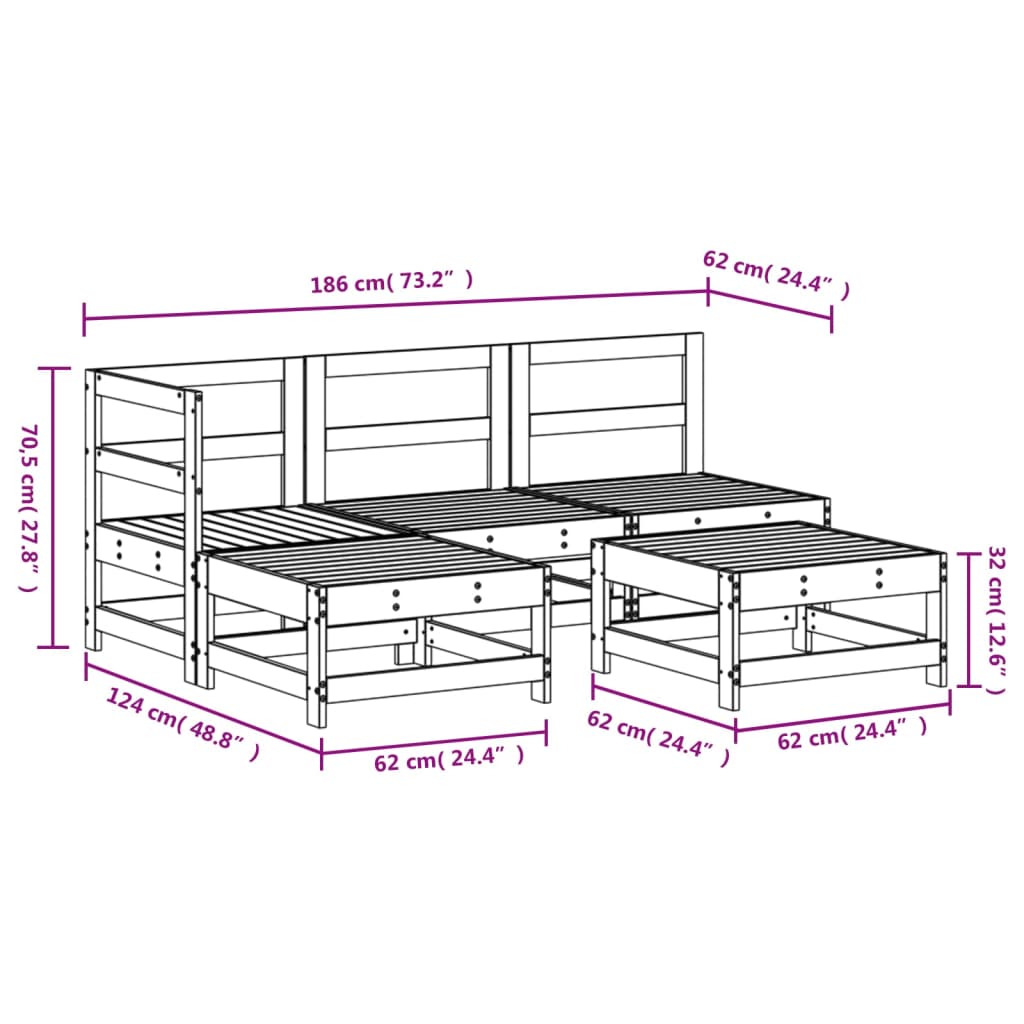 5-tlg. Garten-Lounge-Set Grau Massivholz Kiefer