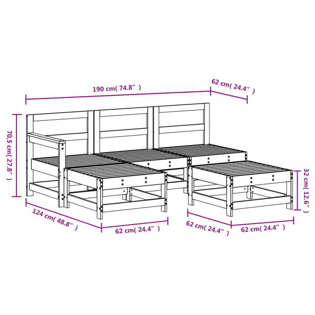 5-tlg. Garten-Lounge-Set Grau Massivholz Kiefer