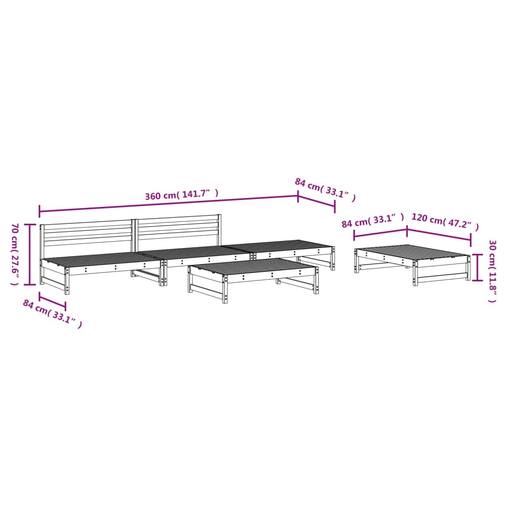 5-tlg. Garten-Lounge-Set Grau Massivholz Kiefer