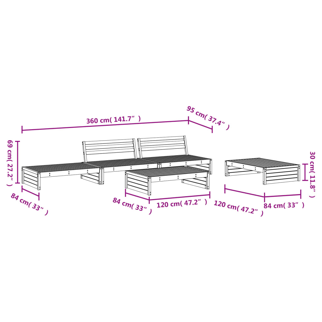 5-tlg. Garten-Lounge-Set Schwarz Massivholz Kiefer