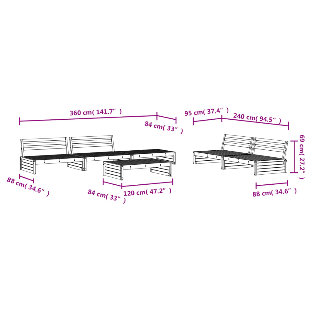 6-tlg. Garten-Lounge-Set Grau Massivholz Kiefer