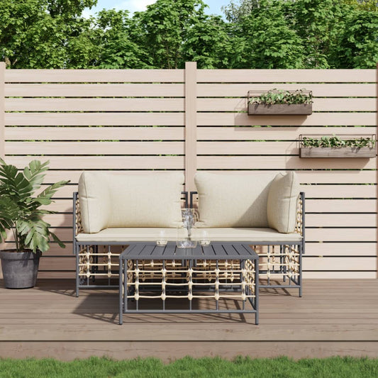 3-tlg. Garten-Lounge-Set mit Kissen Anthrazit Poly Rattan