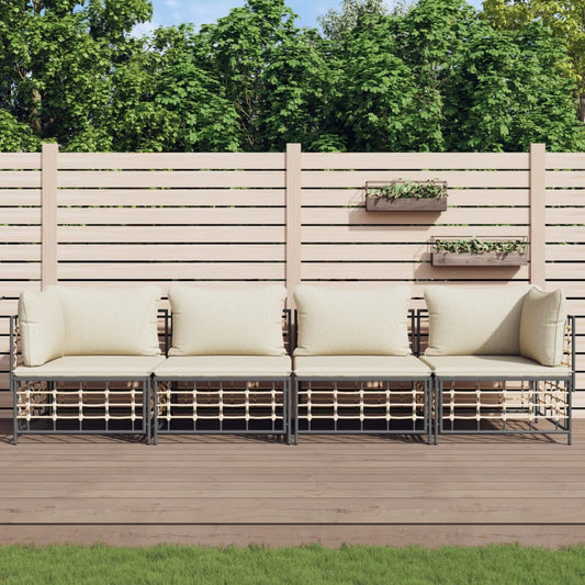 4-tlg. Garten-Lounge-Set mit Kissen Anthrazit Poly Rattan