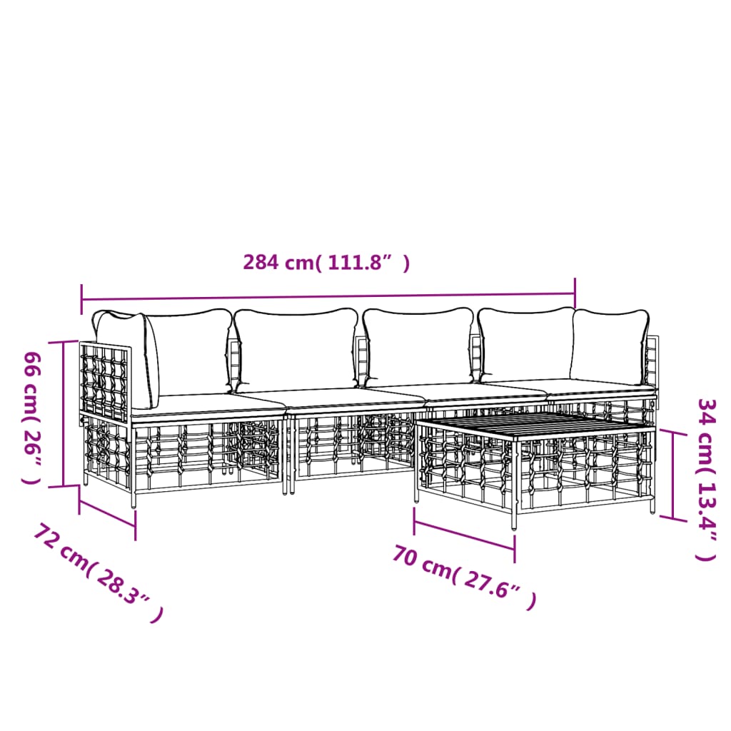 5-tlg. Garten-Lounge-Set mit Kissen Anthrazit Poly Rattan