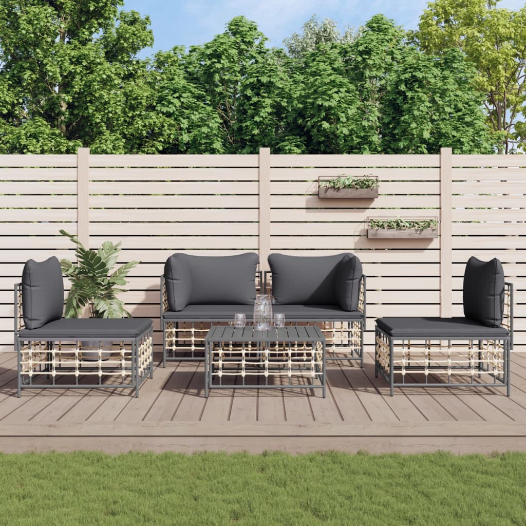 5-tlg. Garten-Lounge-Set mit Kissen Anthrazit Poly Rattan