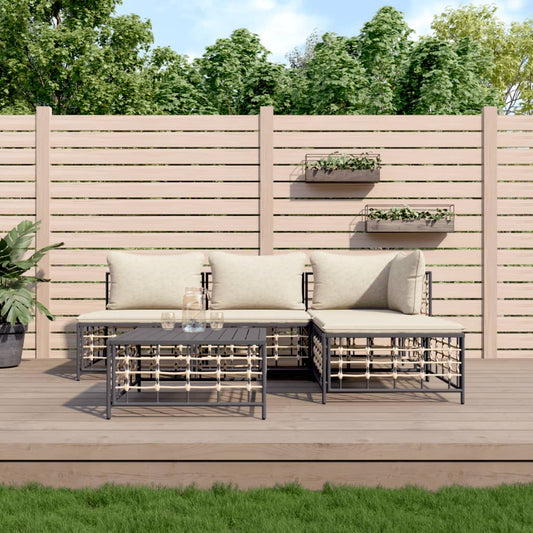 5-tlg. Garten-Lounge-Set mit Kissen Anthrazit Poly Rattan