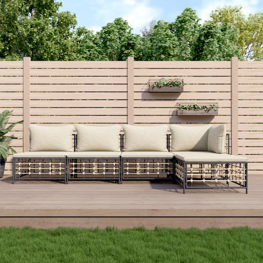 5-tlg. Garten-Lounge-Set mit Kissen Anthrazit Poly Rattan