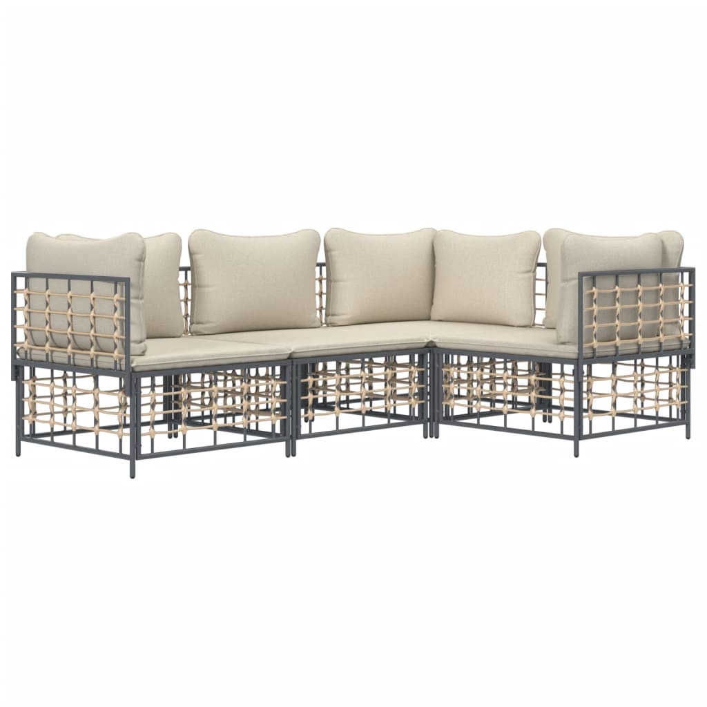 4-tlg. Garten-Lounge-Set mit Kissen Anthrazit Poly Rattan