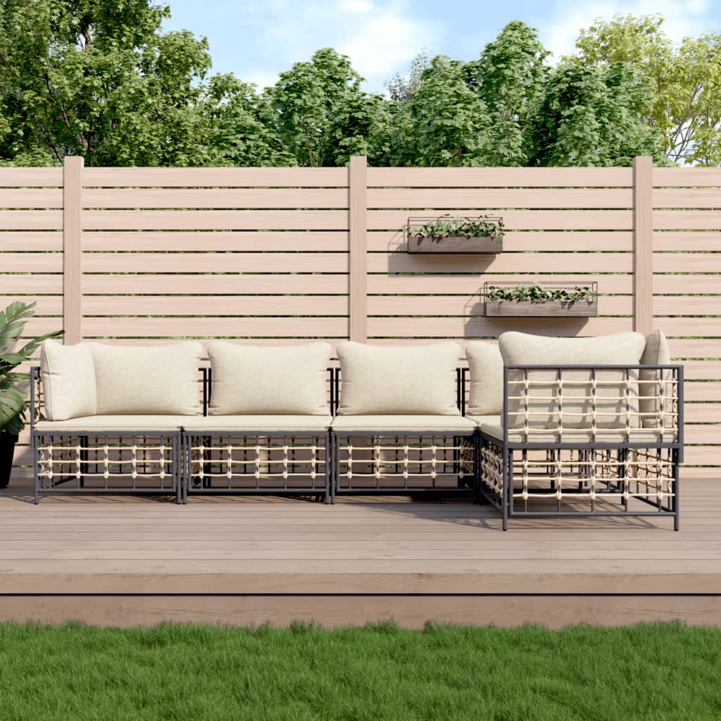 5-tlg. Garten-Lounge-Set mit Kissen Anthrazit Poly Rattan