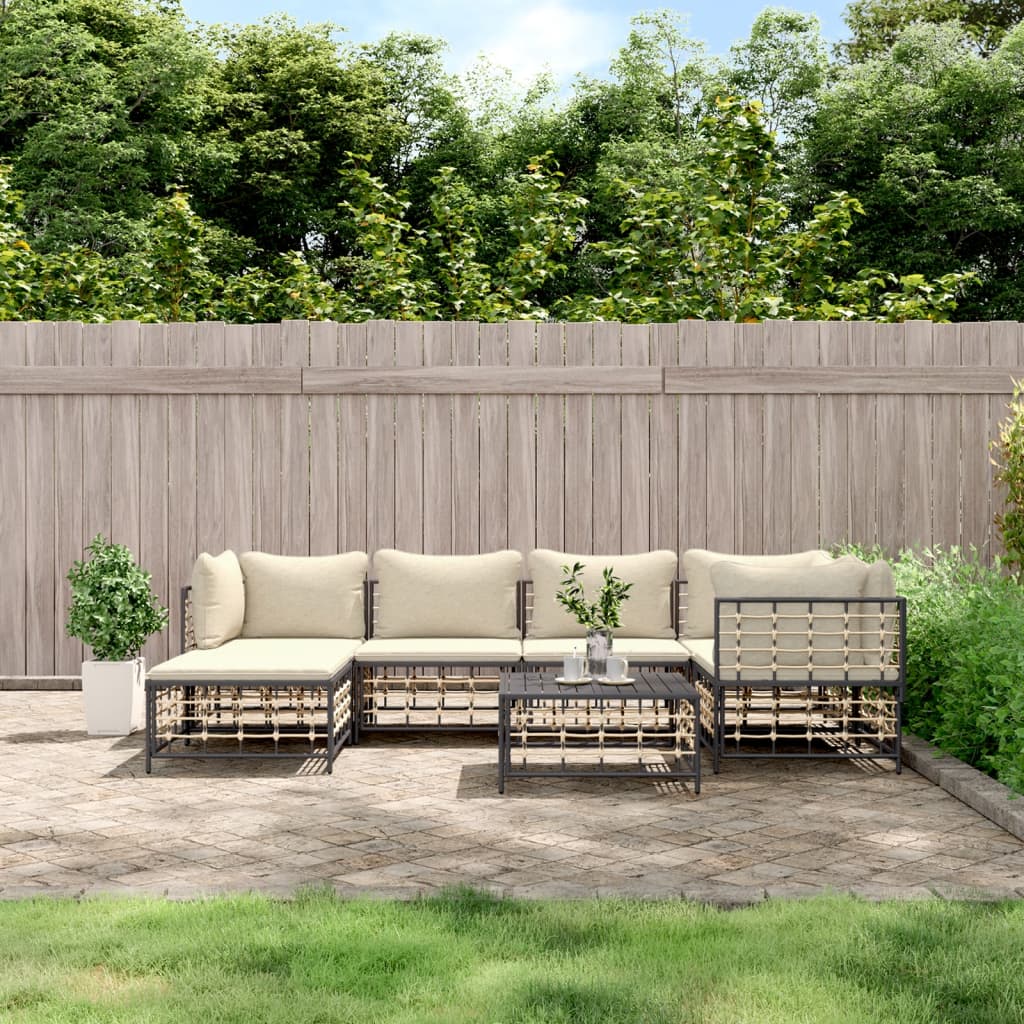 7-tlg. Garten-Lounge-Set mit Kissen Anthrazit Poly Rattan