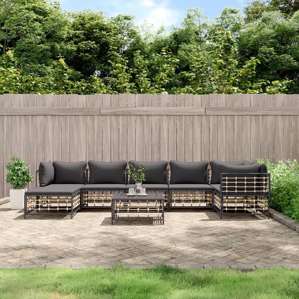 8-tlg. Garten-Lounge-Set mit Kissen Anthrazit Poly Rattan