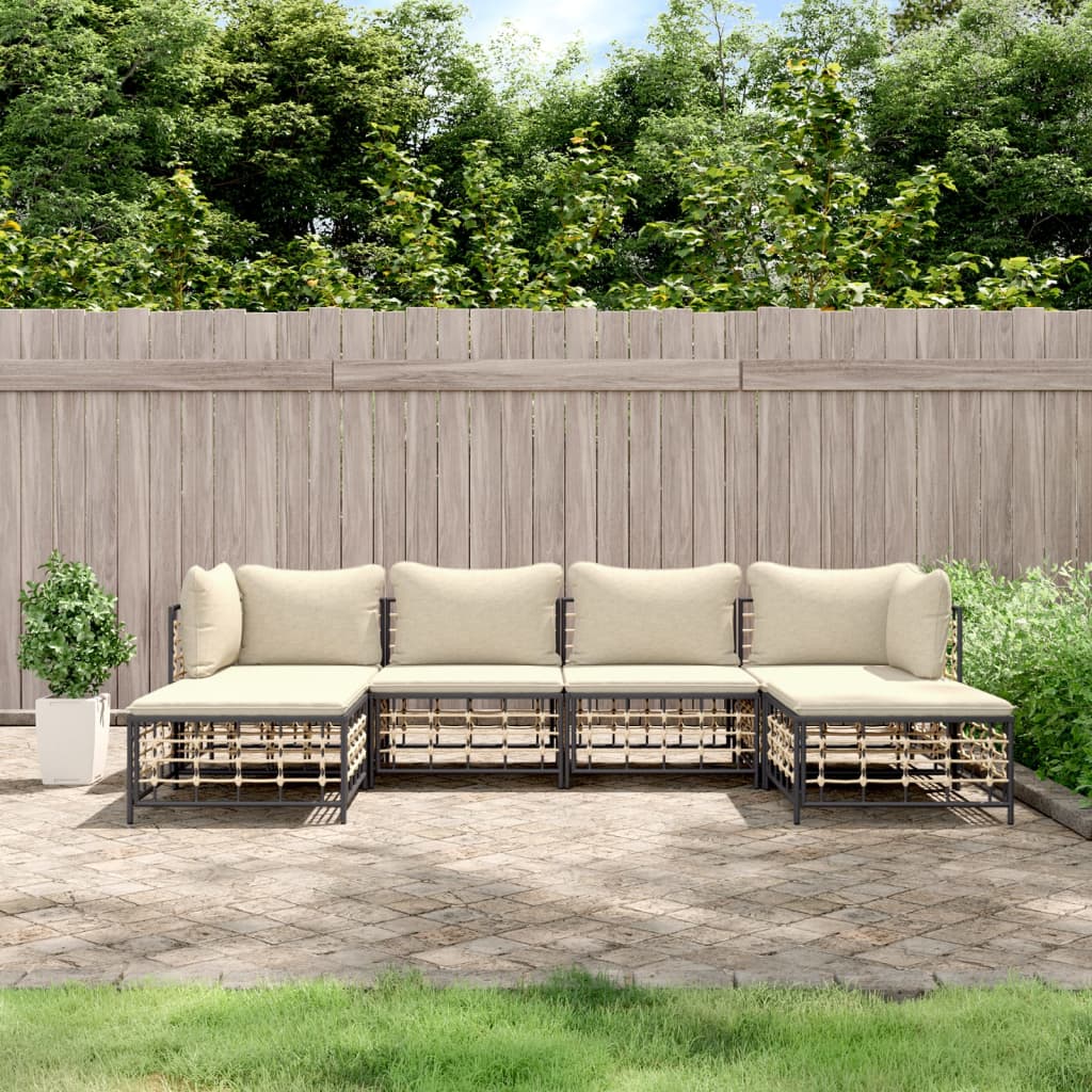 6-tlg. Garten-Lounge-Set mit Kissen Anthrazit Poly Rattan