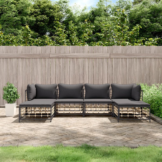 6-tlg. Garten-Lounge-Set mit Kissen Anthrazit Poly Rattan