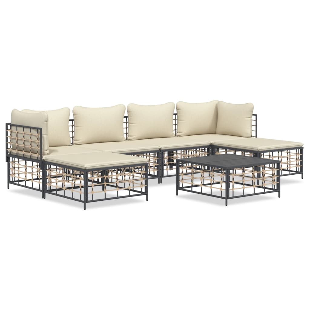 7-tlg. Garten-Lounge-Set mit Kissen Anthrazit Poly Rattan