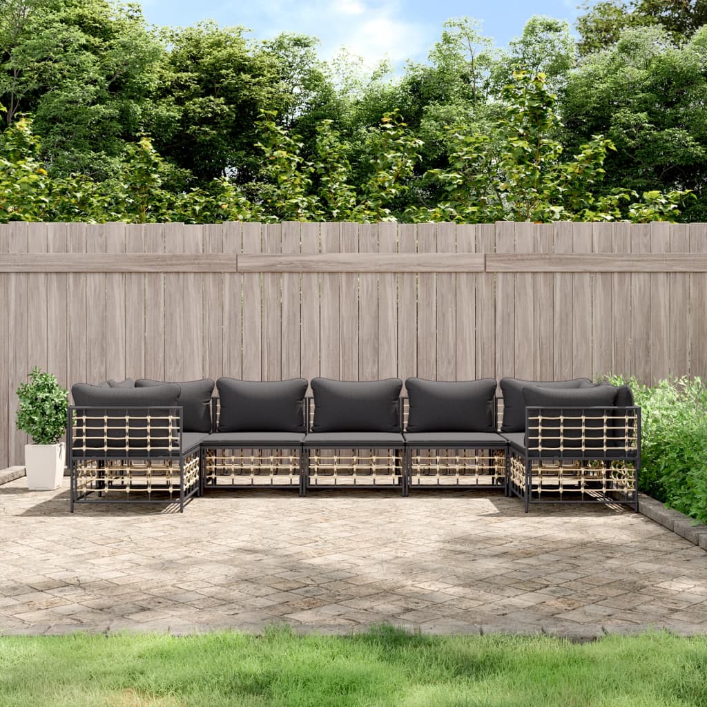 7-tlg. Garten-Lounge-Set mit Kissen Anthrazit Poly Rattan