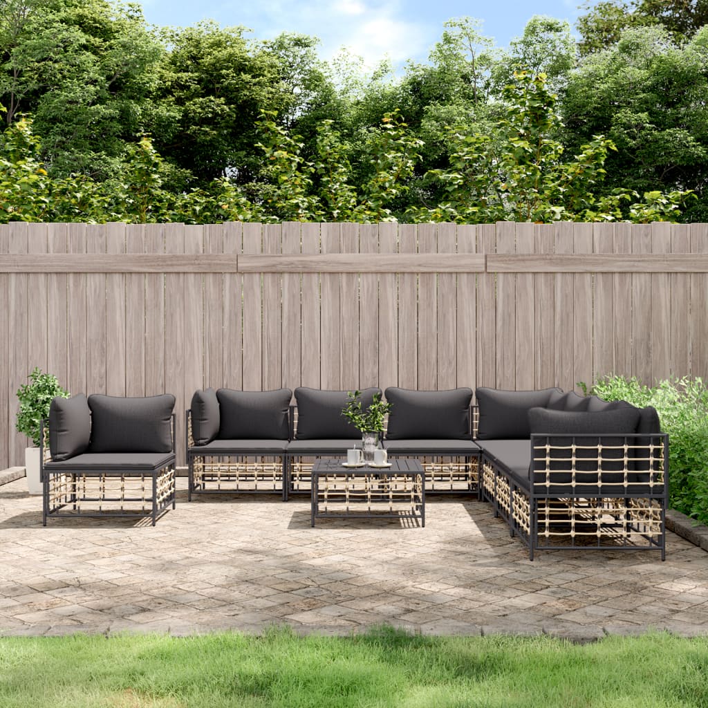 9-tlg. Garten-Lounge-Set mit Kissen Anthrazit Poly Rattan