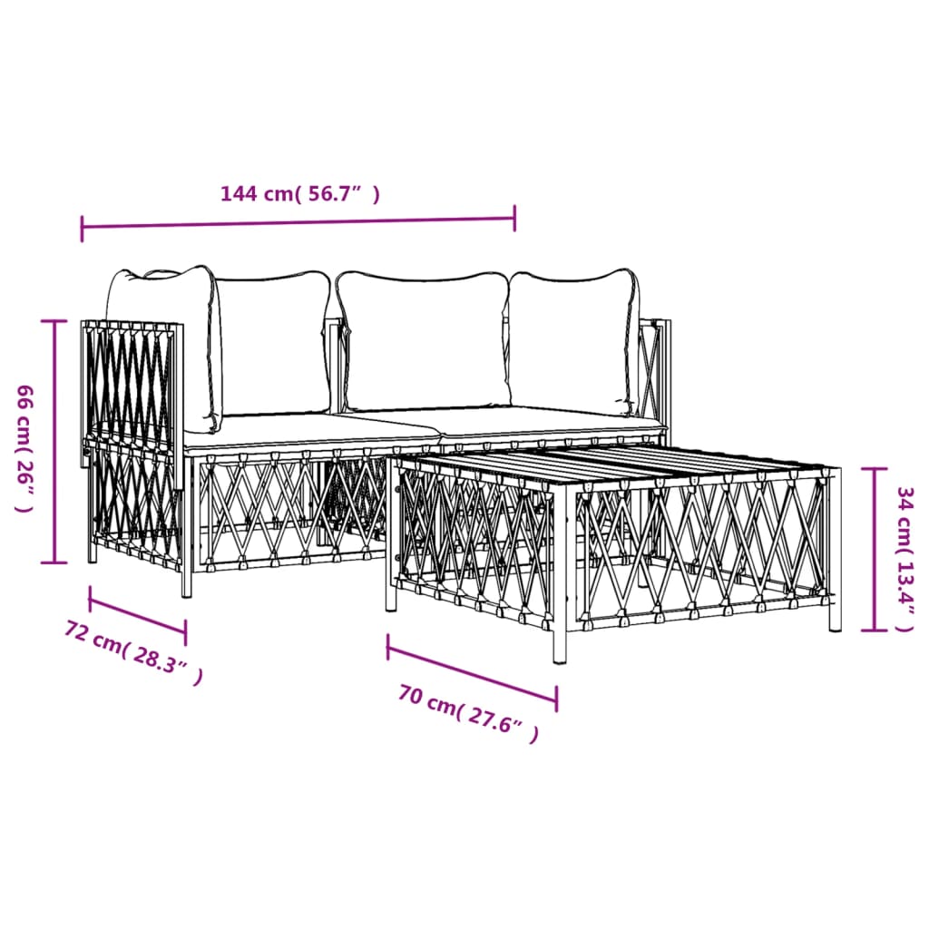 3-tlg. Garten-Lounge-Set mit Kissen Weiß Stahl