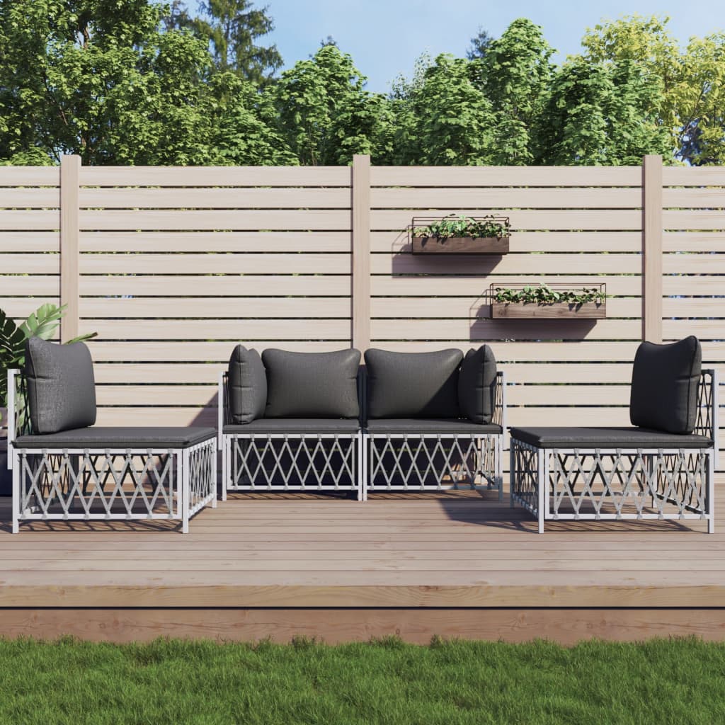 4-tlg. Garten-Lounge-Set mit Kissen Weiß Stahl