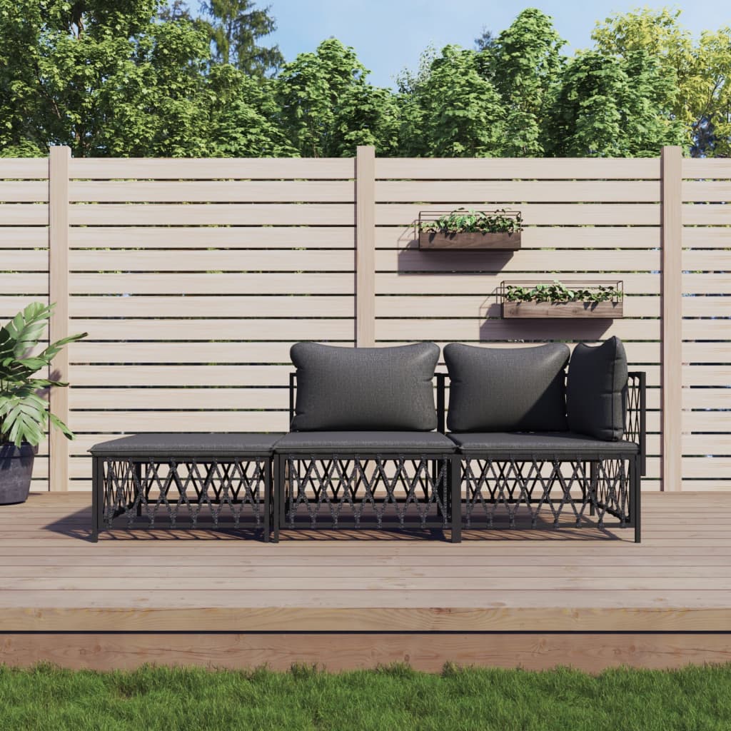 3-tlg. Garten-Lounge-Set mit Kissen Anthrazit Stahl