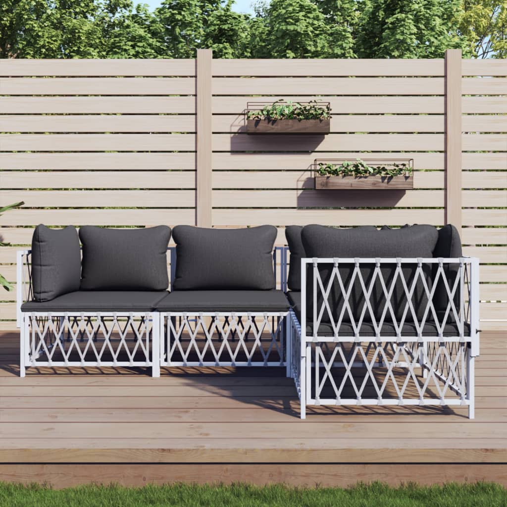 4-tlg. Garten-Lounge-Set mit Kissen Weiß Stahl