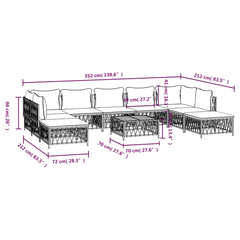 10-tlg. Garten-Lounge-Set mit Kissen Weiß Stahl