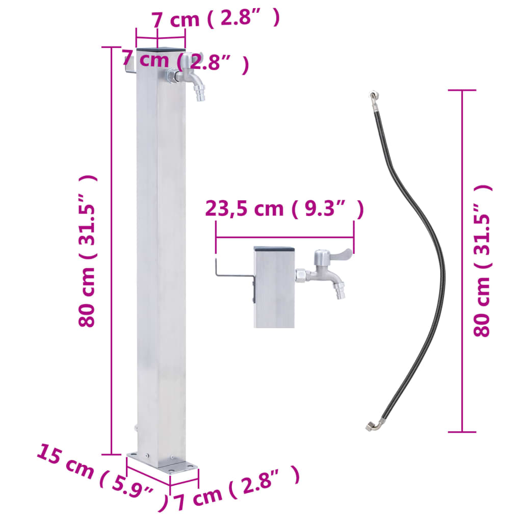 Wassersäule für den Garten 80 cm Edelstahl Quadratisch