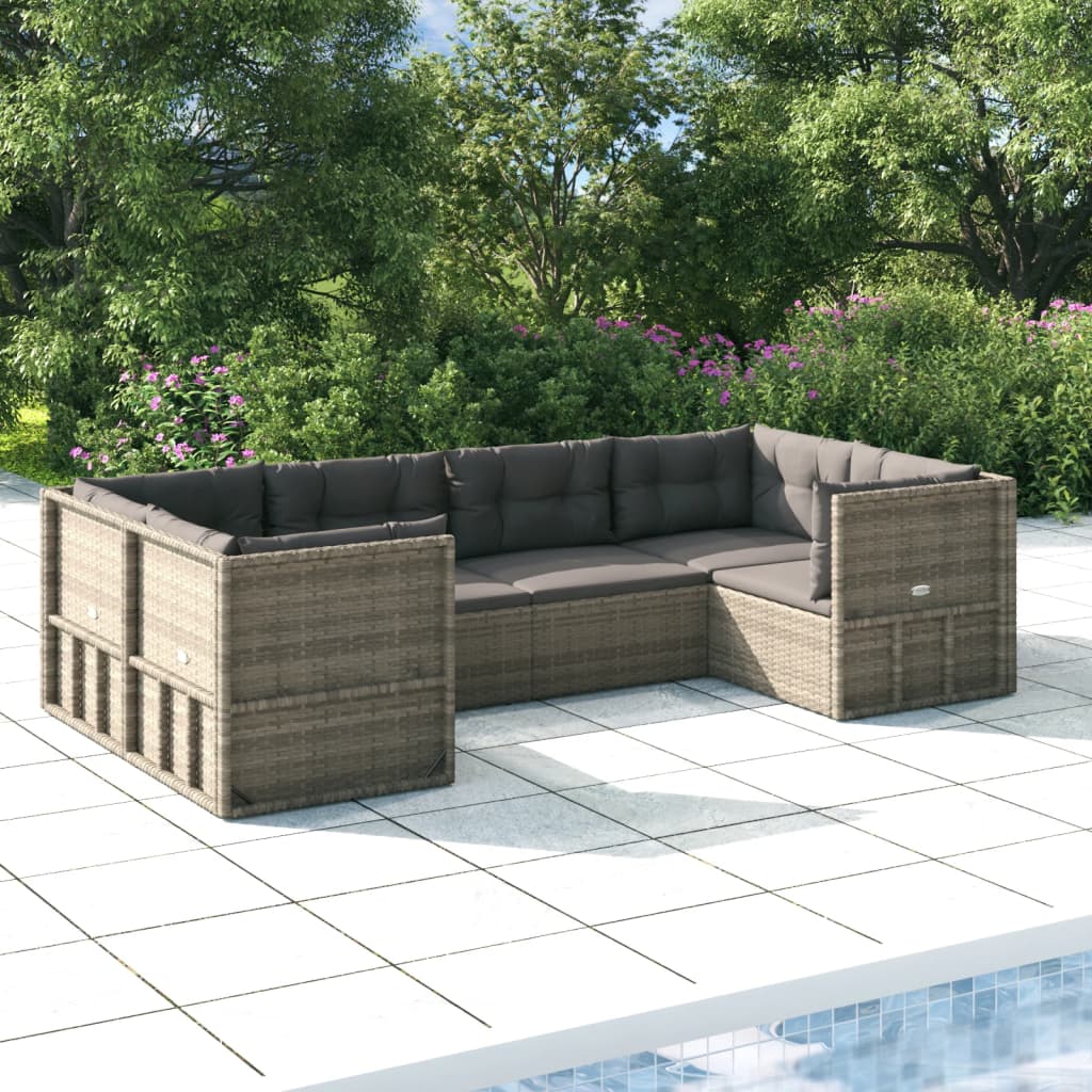 6-tlg. Garten-Lounge-Set mit Kissen Grau Poly Rattan