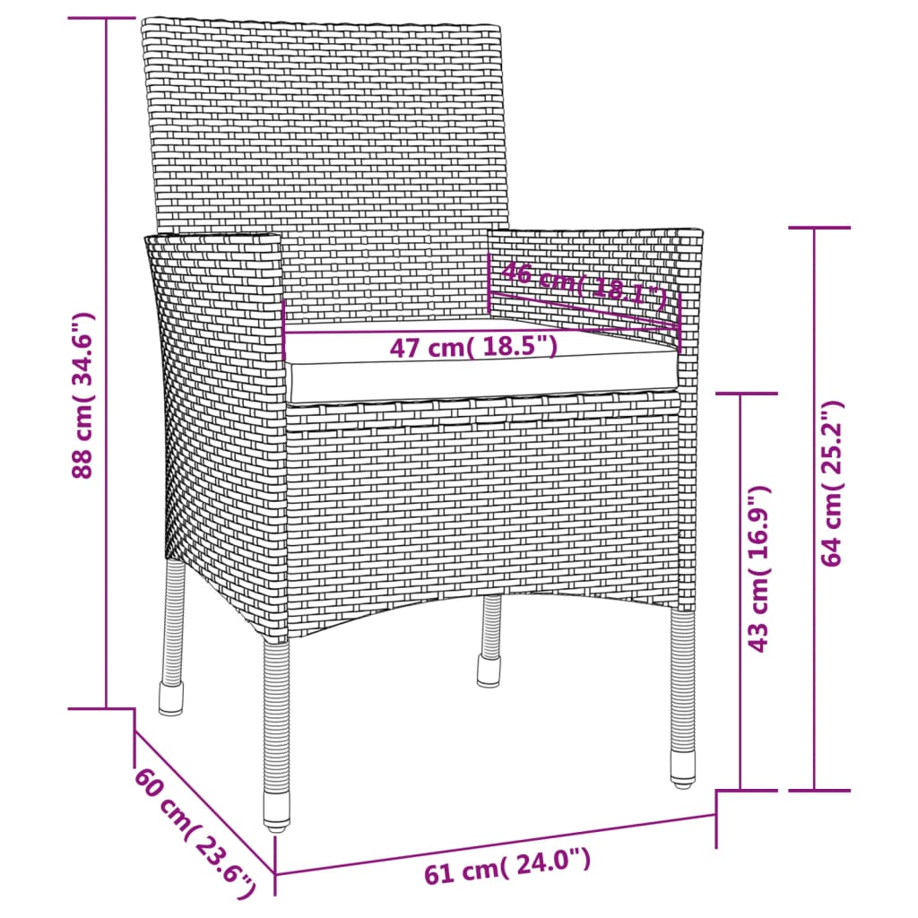 3-tlg. Garten-Essgruppe mit Kissen Grau Poly Rattan