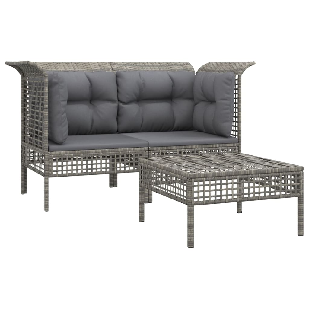 3-tlg. Garten-Lounge-Set mit Kissen Grau Poly Rattan