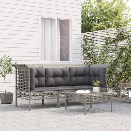 4-tlg. Garten-Lounge-Set mit Kissen Grau Poly Rattan