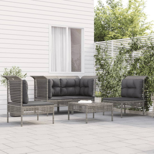 5-tlg. Garten-Lounge-Set mit Kissen Grau Poly Rattan