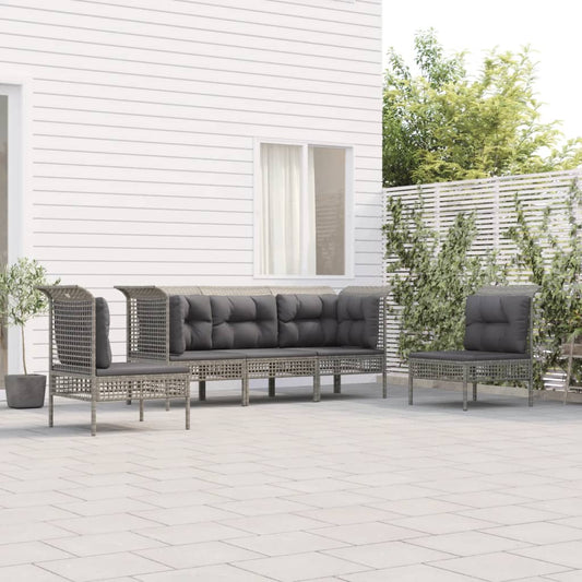 5-tlg. Garten-Lounge-Set mit Kissen Grau Poly Rattan