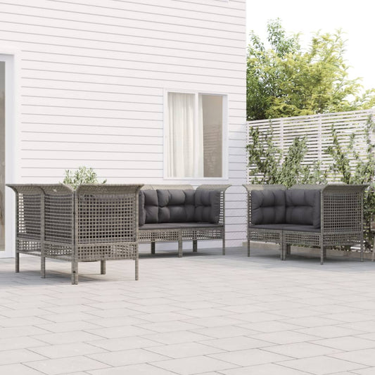 6-tlg. Garten-Lounge-Set mit Kissen Grau Poly Rattan