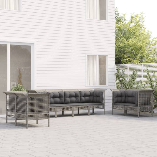 8-tlg. Garten-Lounge-Set mit Kissen Grau Poly Rattan