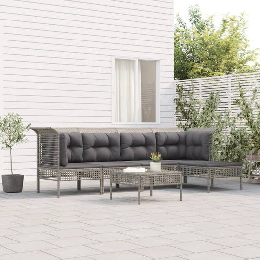 6-tlg. Garten-Lounge-Set mit Kissen Grau Poly Rattan