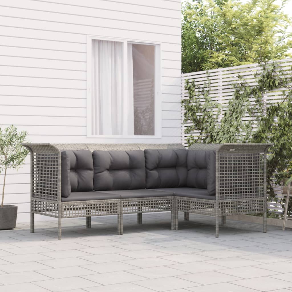 4-tlg. Garten-Lounge-Set mit Kissen Grau Poly Rattan