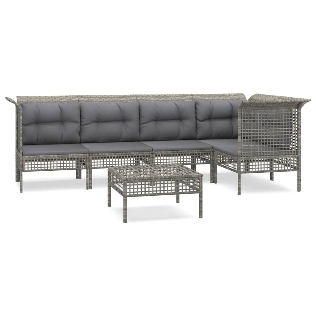 6-tlg. Garten-Lounge-Set mit Kissen Grau Poly Rattan