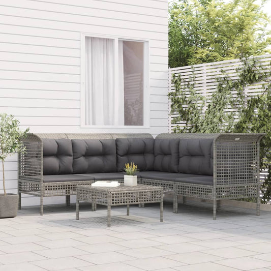 6-tlg. Garten-Lounge-Set mit Kissen Grau Poly Rattan