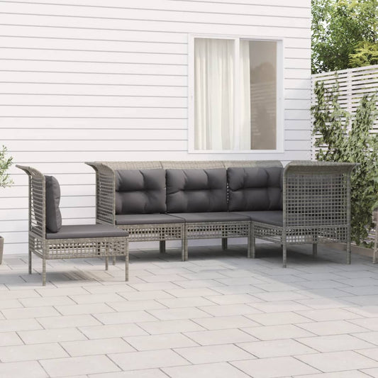 5-tlg. Garten-Lounge-Set mit Kissen Grau Poly Rattan