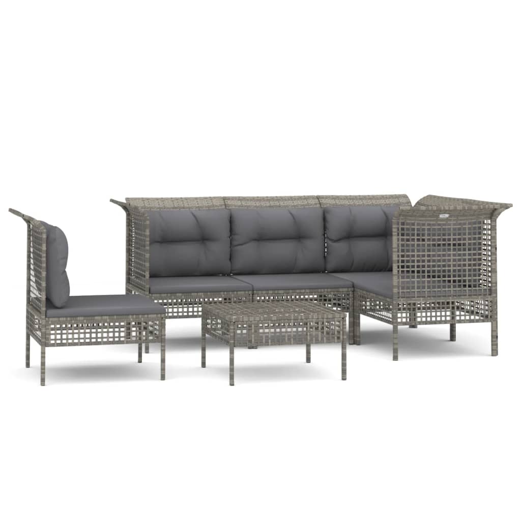 6-tlg. Garten-Lounge-Set mit Kissen Grau Poly Rattan