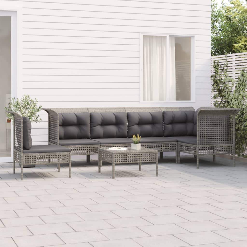 7-tlg. Garten-Lounge-Set mit Kissen Grau Poly Rattan